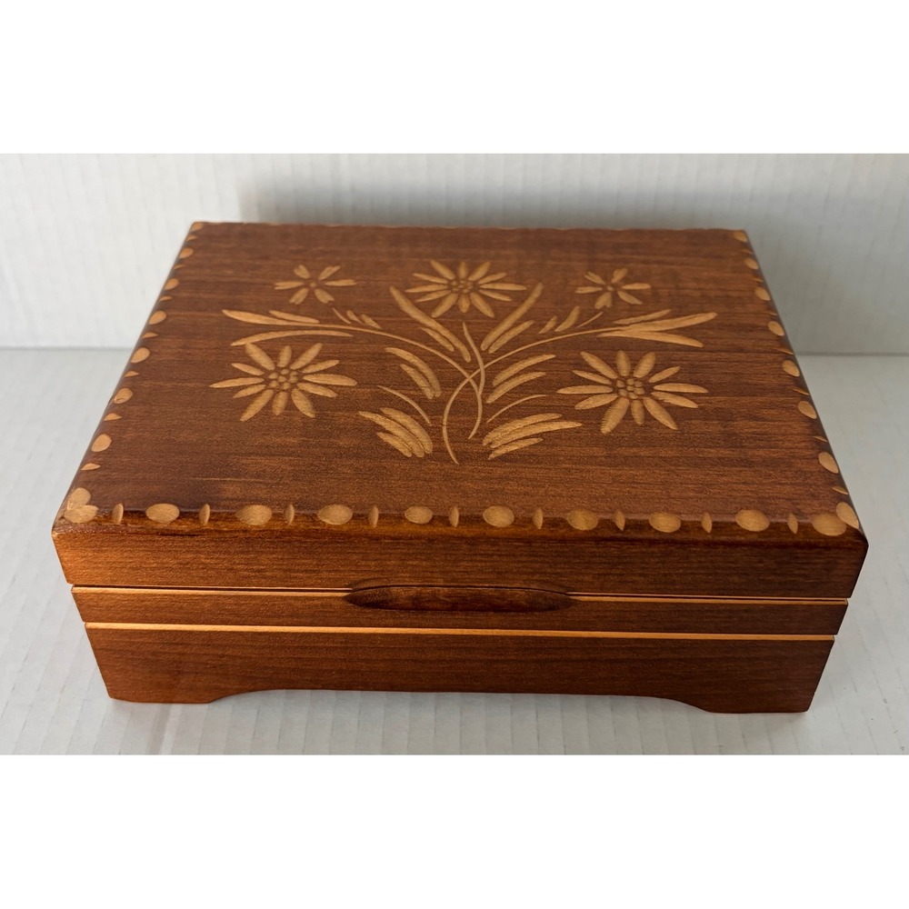 Vintage Edelweiss Music Box| Handcrafted Etched Wood | Swiss | Keepsake Jewelry